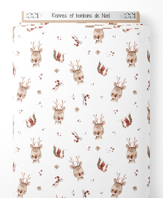 Tissu - Rennes et bonbons de Noël
