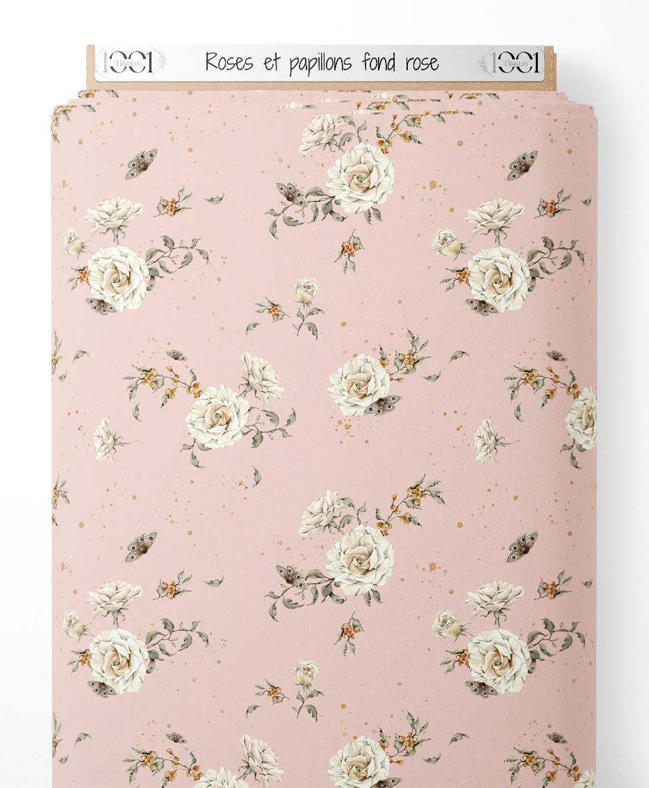 Tissu - Roses et papillons sur fond rose