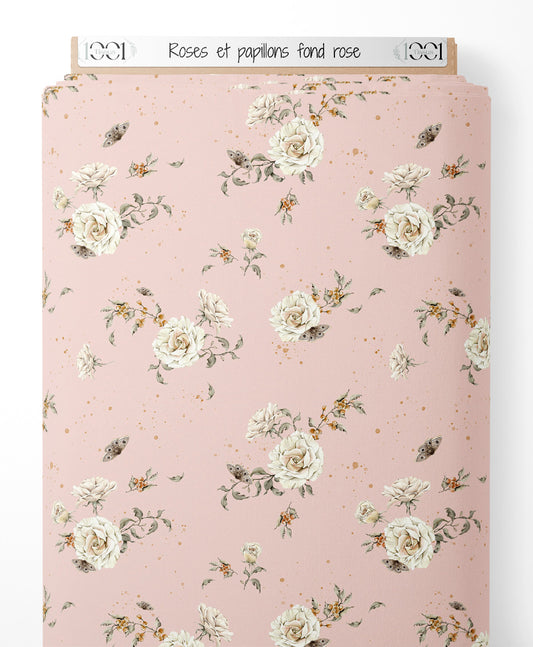 Tissu - Roses et papillons sur fond rose