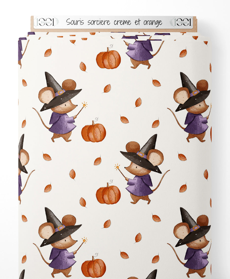 Tissu - Souris sorcière crème et orange