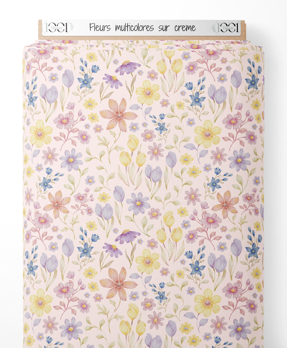 Tissu - Fleurs multicolores sur crème