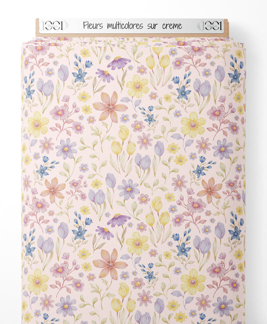 Tissu - Fleurs multicolores sur crème