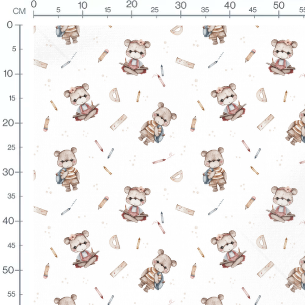 Tissu - Oursons avec cahiers sur blanc
