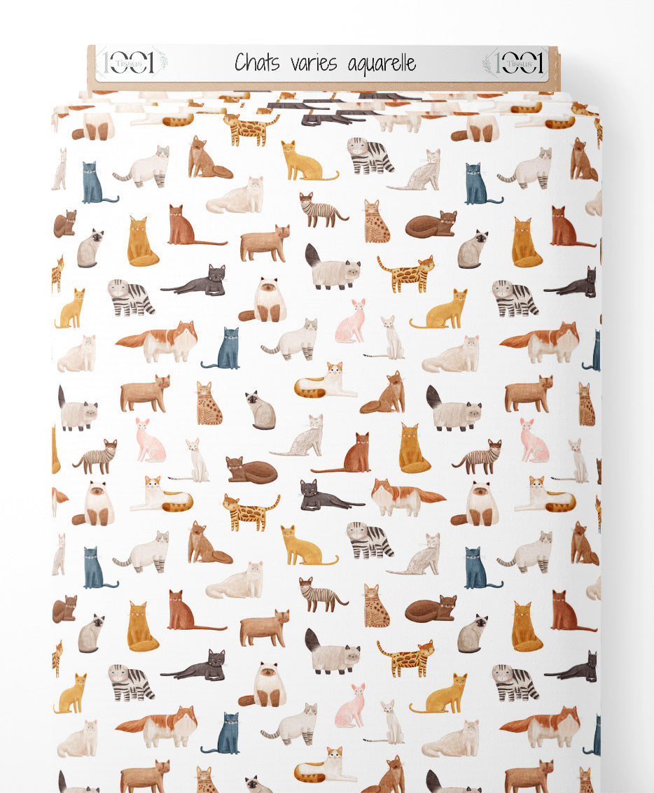 Tissu - Chats variés aquarelle
