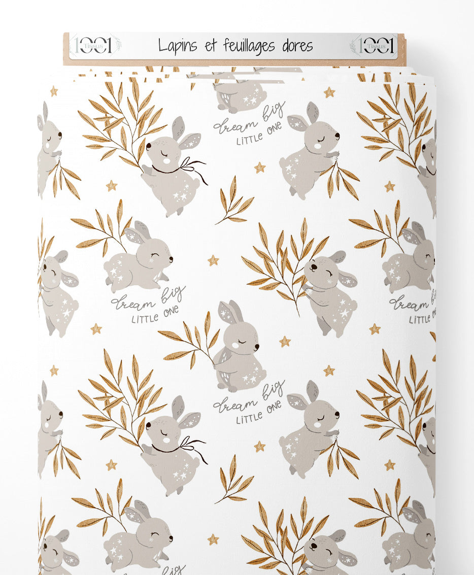 Tissu - Lapins et feuillages dorés