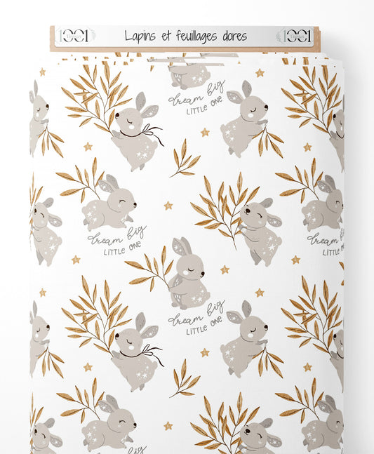 Tissu - Lapins et feuillages dorés