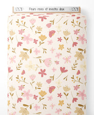 Tissu - Fleurs roses et insectes doux