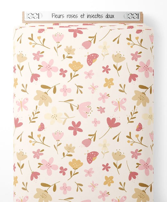 Tissu - Fleurs roses et insectes doux