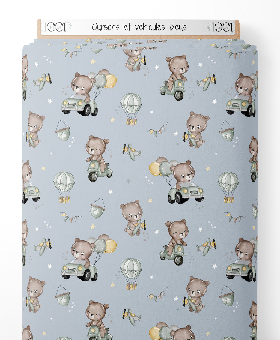 Tissu - Oursons et véhicules bleus