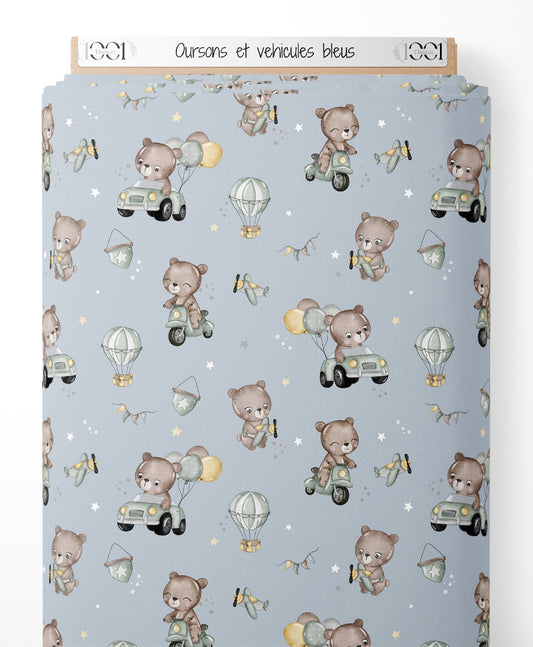 Tissu - Oursons et véhicules bleus
