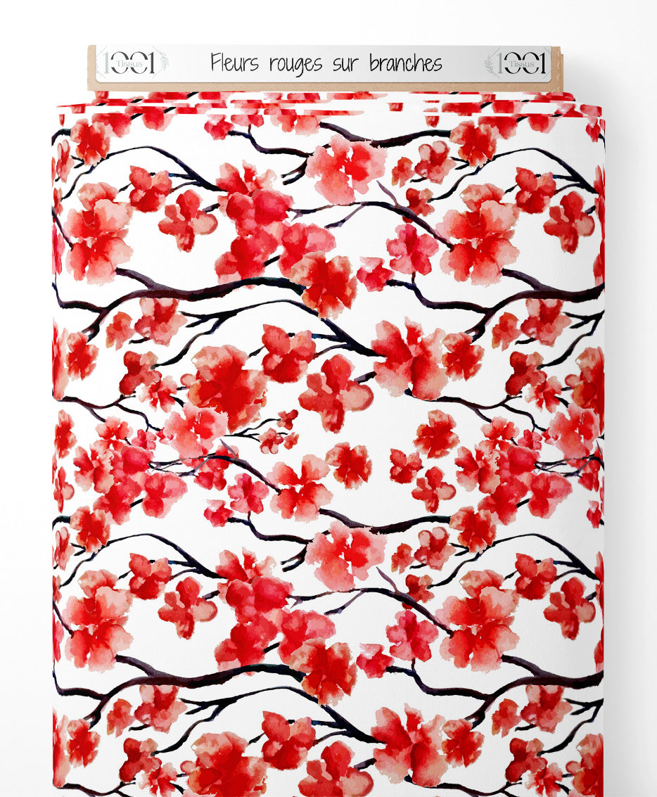 Tissu - Fleurs rouges sur branches
