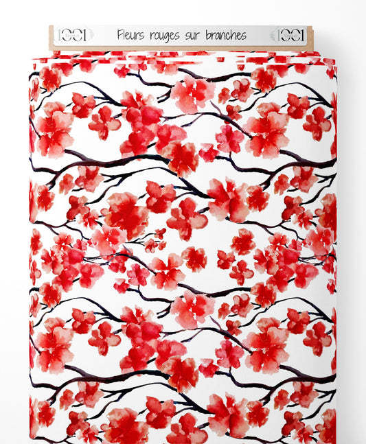 Tissu - Fleurs rouges sur branches
