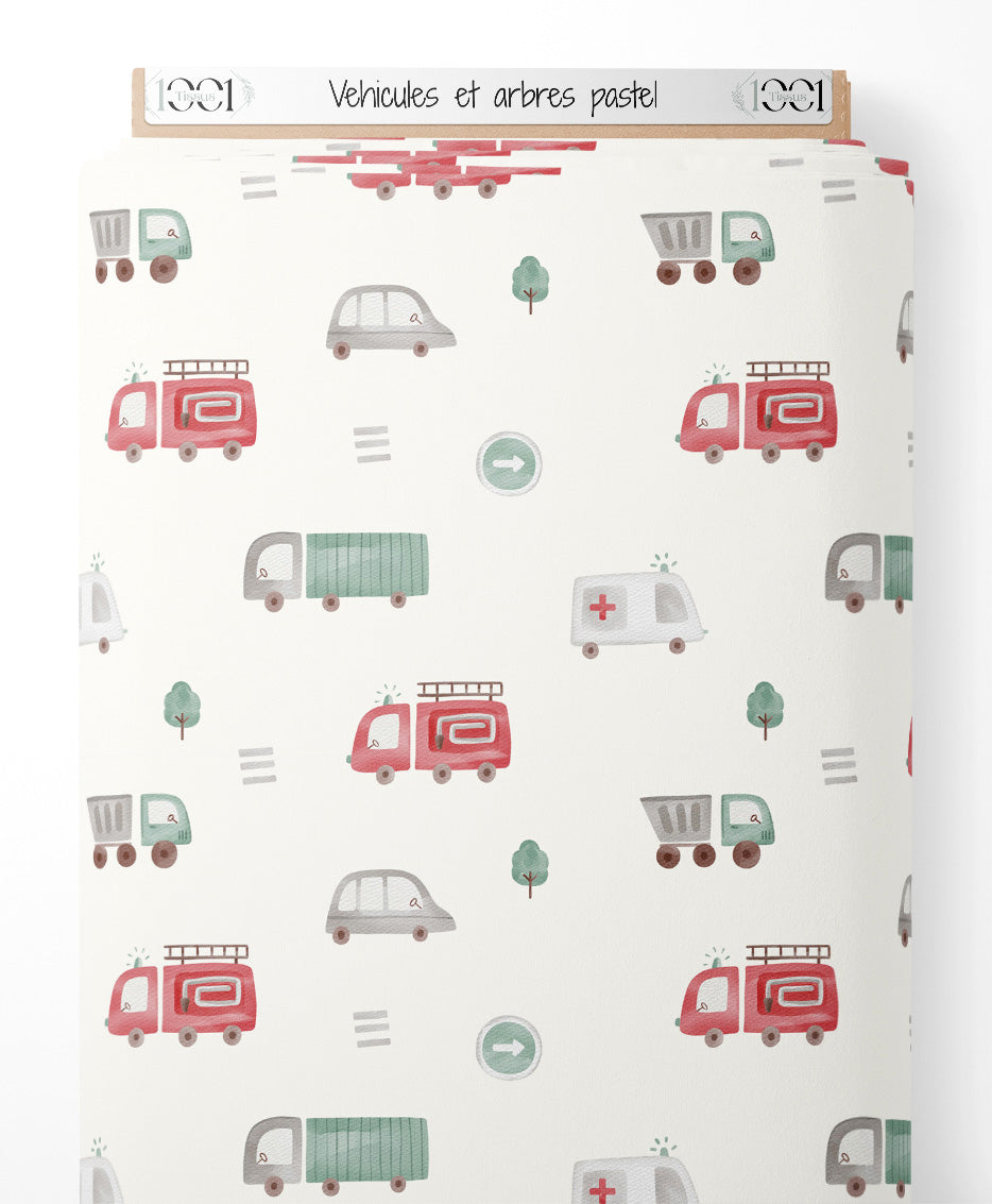 Tissu - Véhicules et arbres pastel