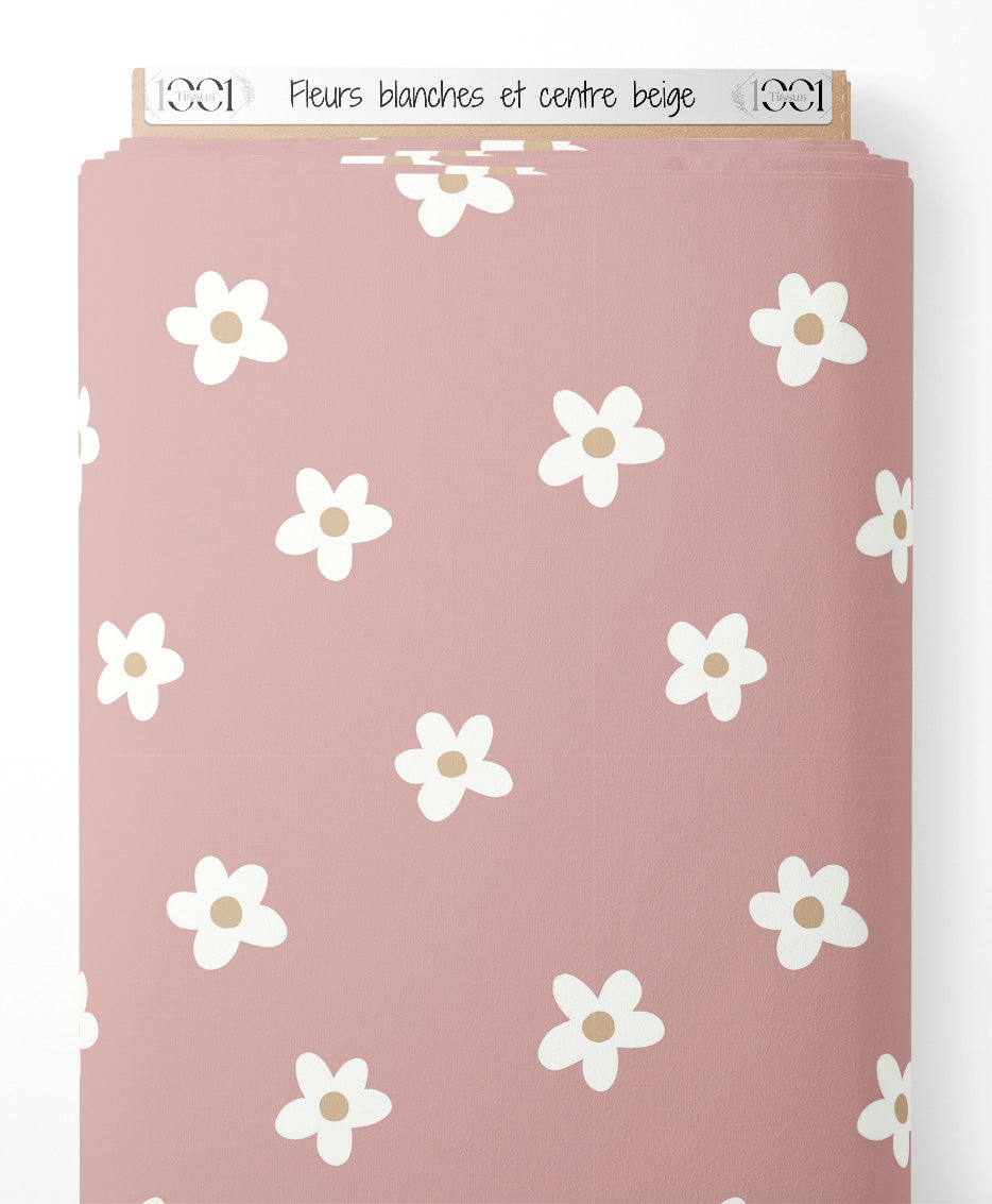 Tissu - Fleurs blanches et centre beige