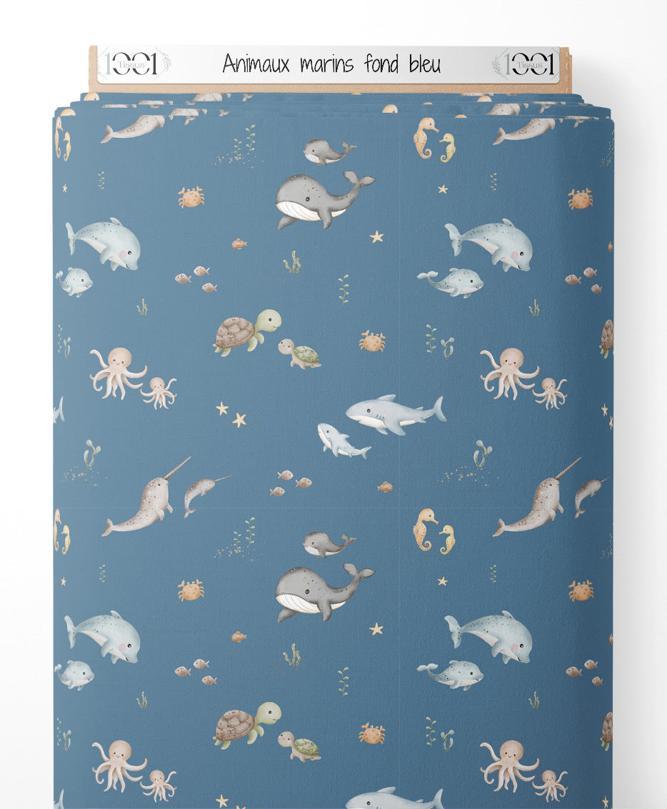 Tissu - Animaux marins sur fond bleu