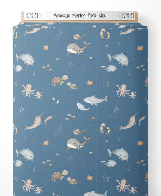 Tissu - Animaux marins sur fond bleu