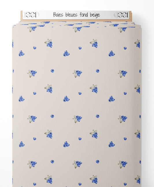 Tissu - Baies bleues sur fond beige