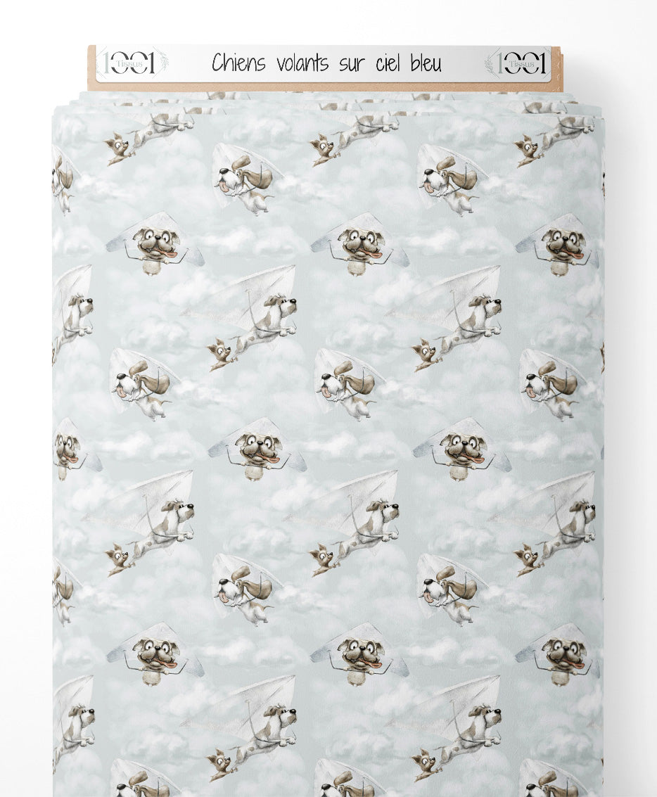 Tissu - Chiens volants sur ciel bleu