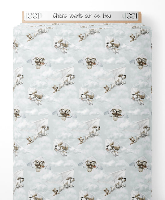 Tissu - Chiens volants sur ciel bleu