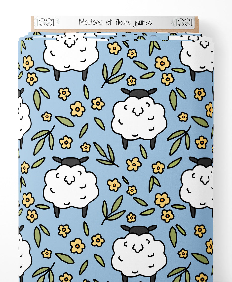Tissu - Moutons et fleurs jaunes