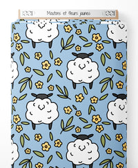 Tissu - Moutons et fleurs jaunes