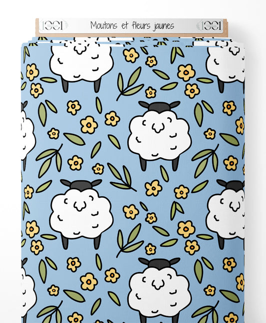 Tissu - Moutons et fleurs jaunes