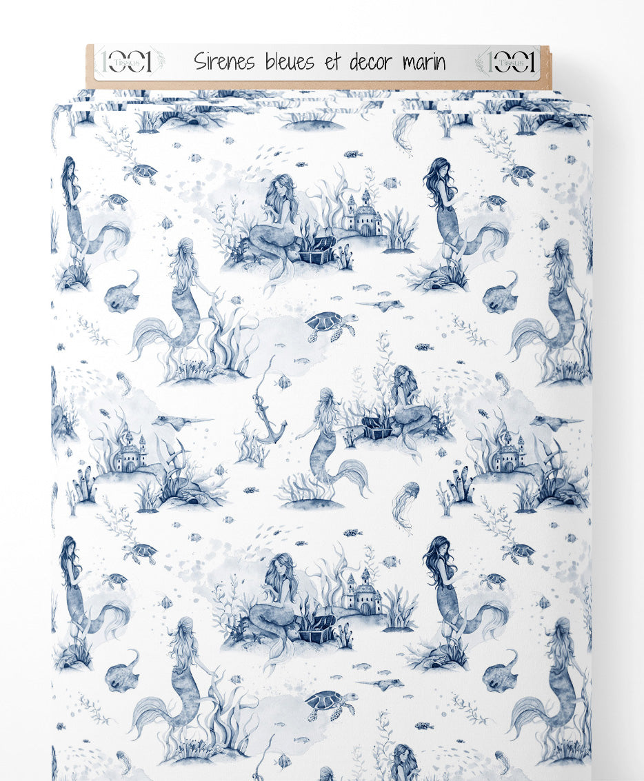Tissu - Sirènes bleues et décor marin