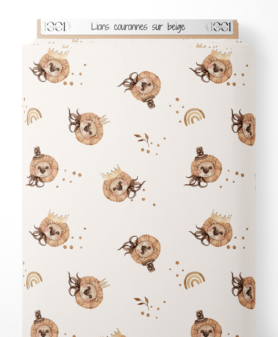 Tissu - Lions couronnés sur beige