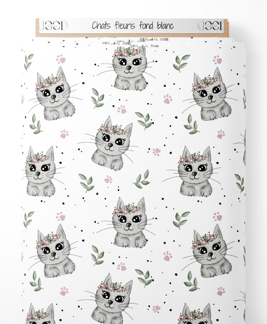 Tissu - Chats fleuris sur fond blanc
