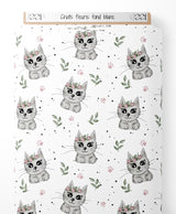 Tissu - Chats fleuris sur fond blanc