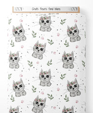 Tissu - Chats fleuris sur fond blanc