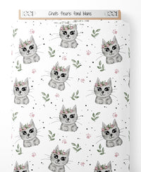 Tissu - Chats fleuris sur fond blanc
