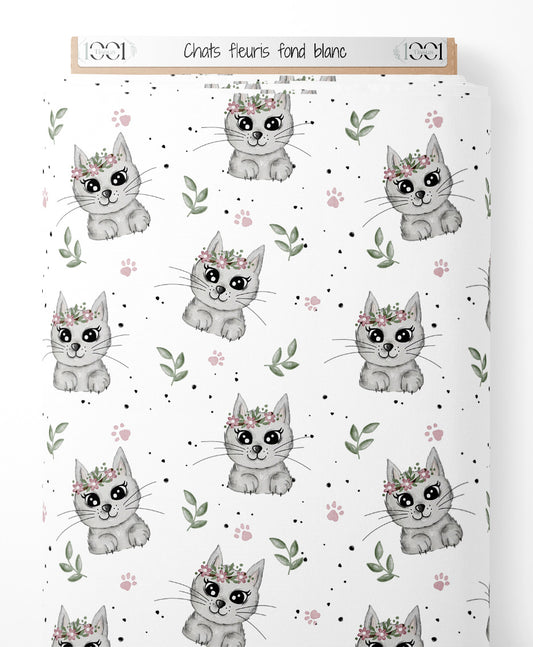 Tissu - Chats fleuris sur fond blanc