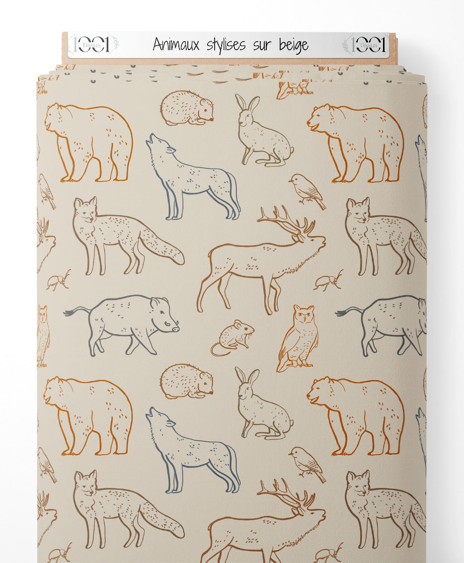 Tissu - Animaux stylisés sur beige