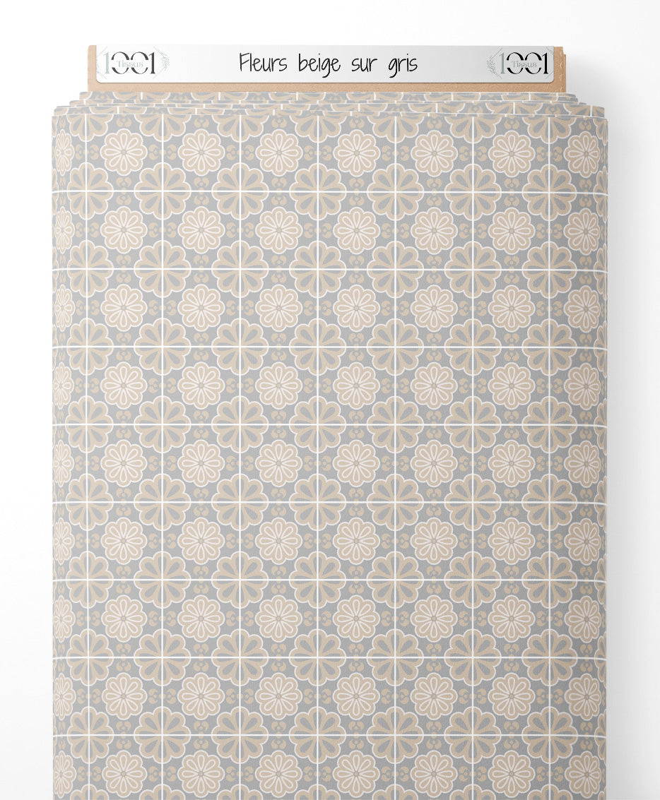 Tissu - Fleurs beige sur gris