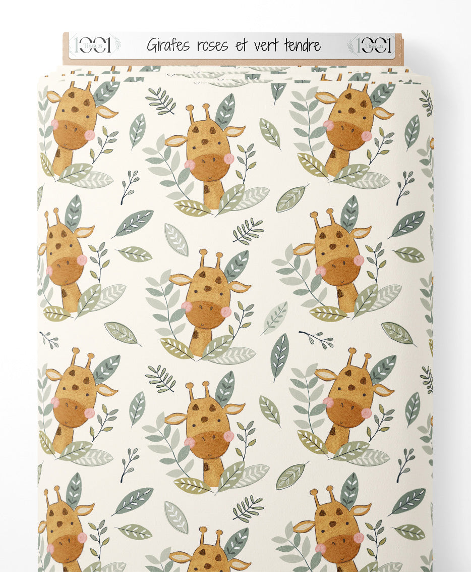 Tissu - Girafes roses et vert tendre