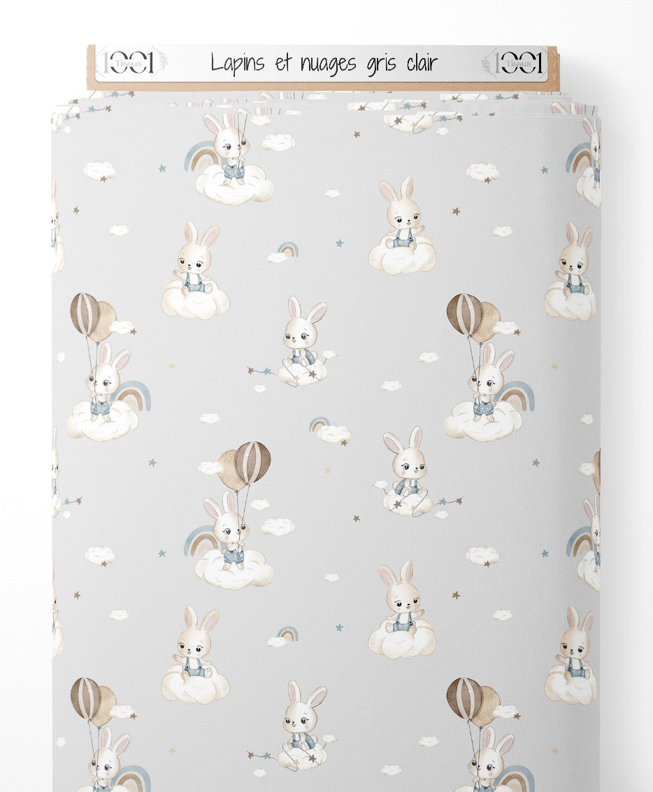 Tissu - Lapins et nuages gris clair
