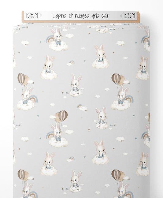 Tissu - Lapins et nuages gris clair