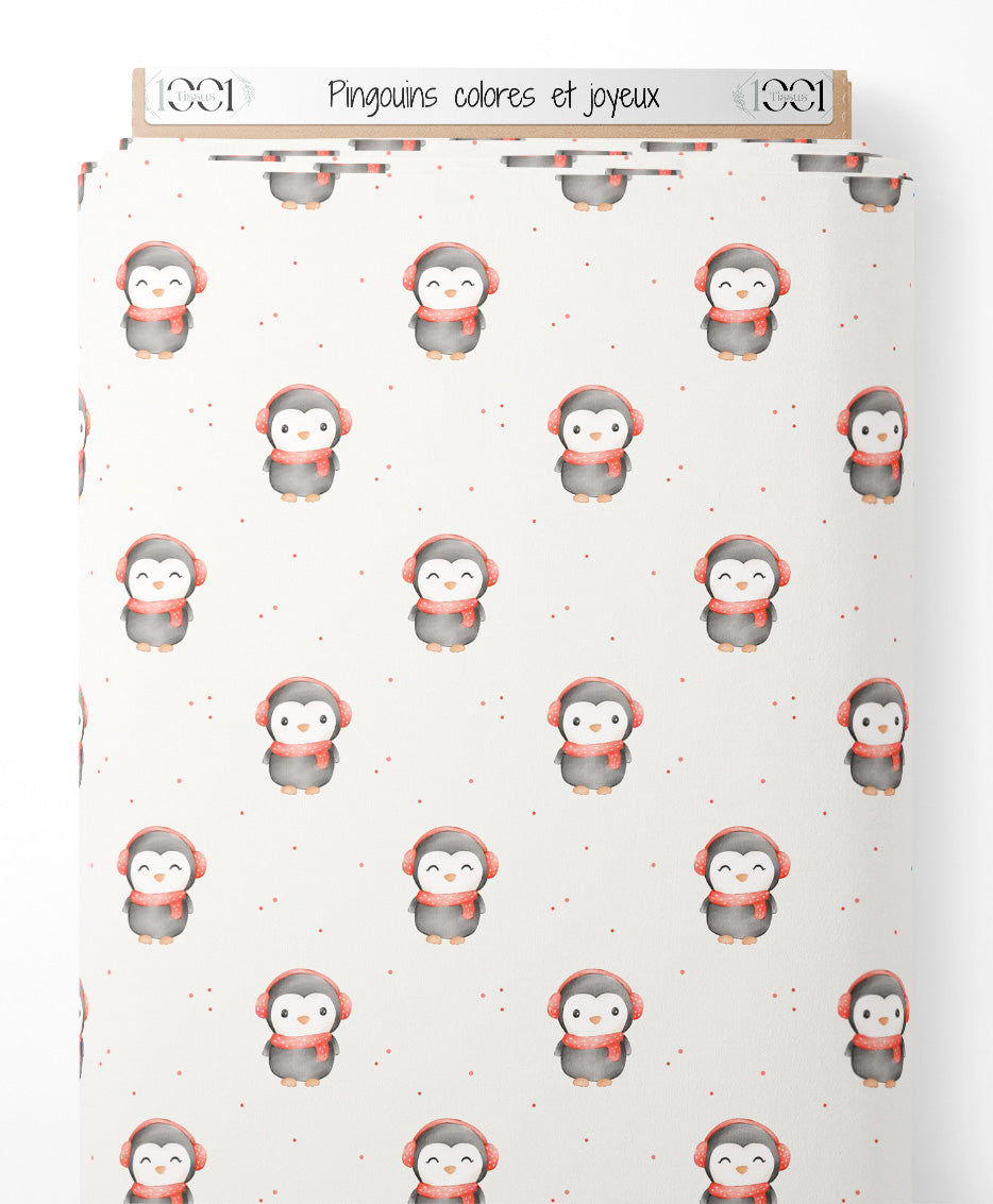 Tissu - Pingouins colorés et joyeux