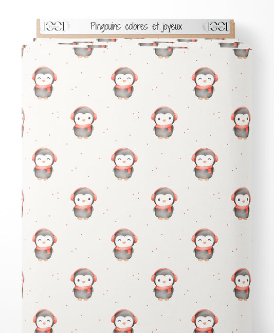 Tissu - Pingouins colorés et joyeux
