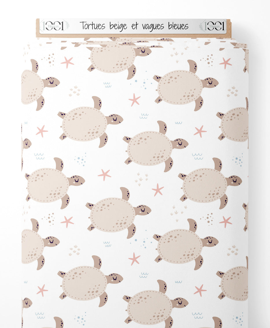 Tissu - Tortues beige et vagues bleues