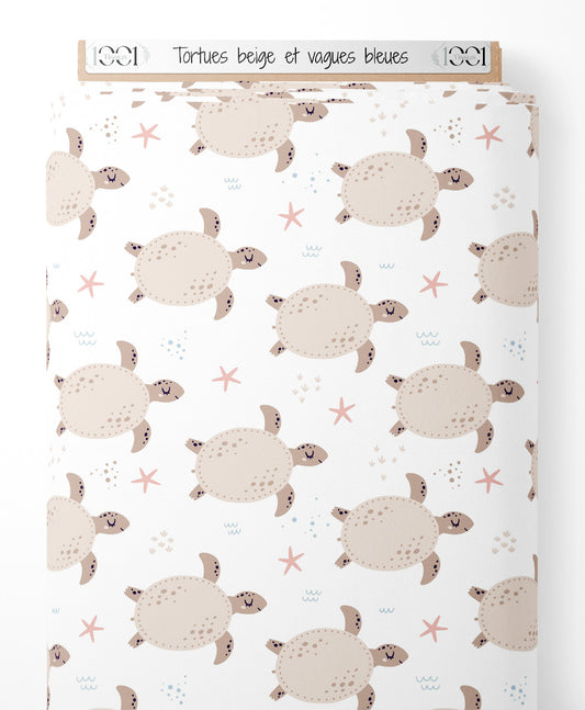 Tissu - Tortues beige et vagues bleues