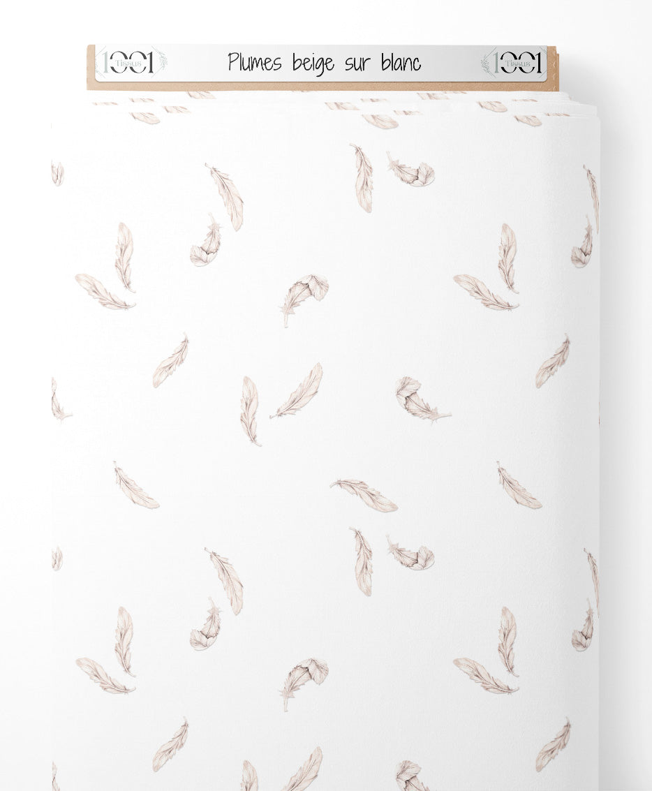 Tissu - Plumes beige sur blanc