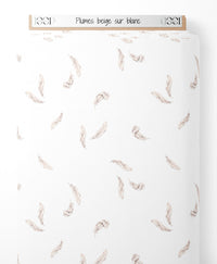 Tissu - Plumes beige sur blanc