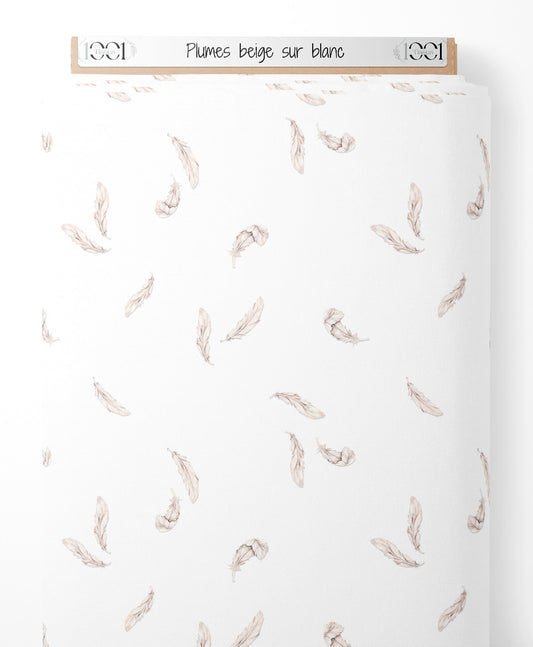 Tissu - Plumes beige sur blanc