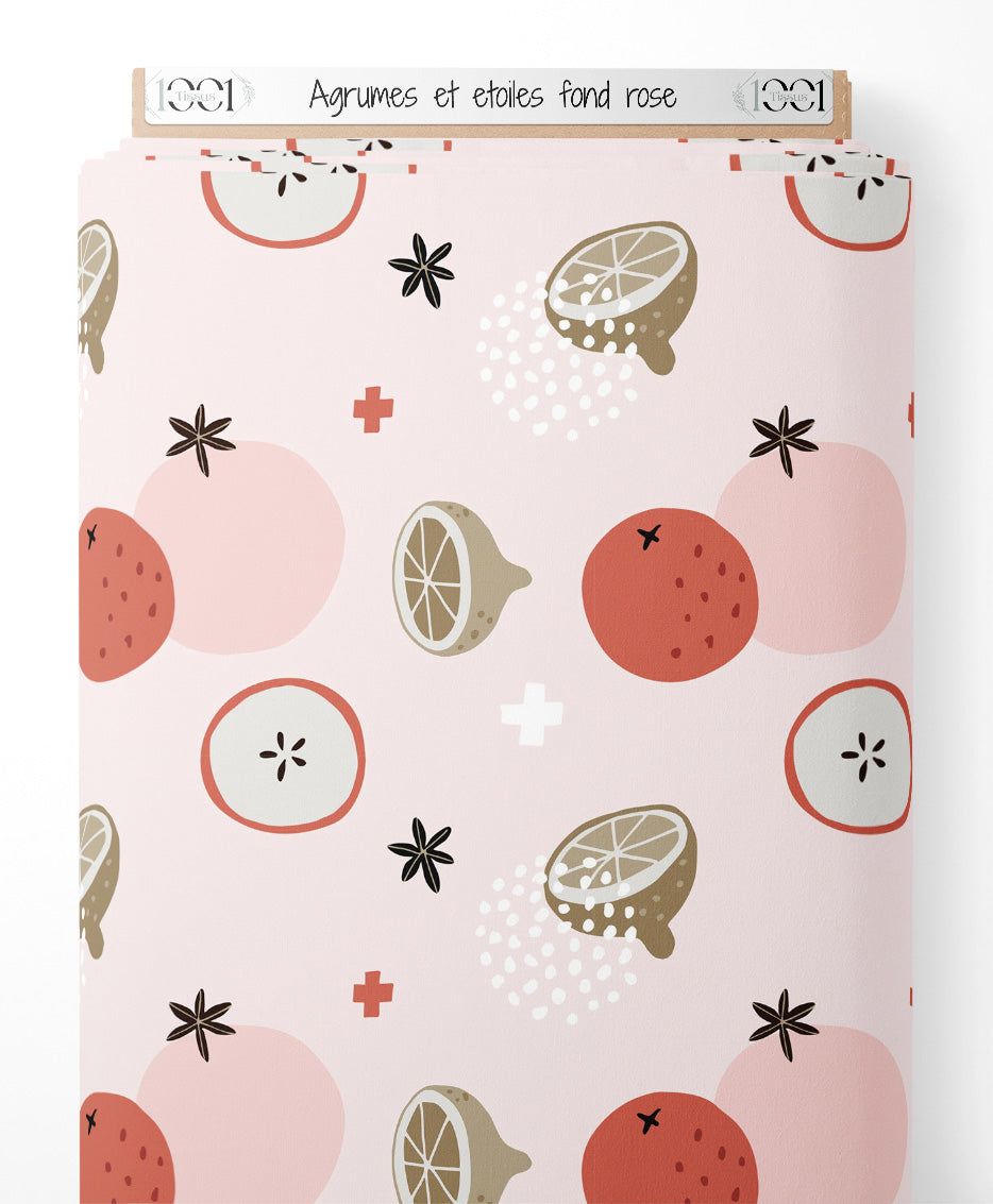 Tissu - Agrumes et étoiles sur fond rose