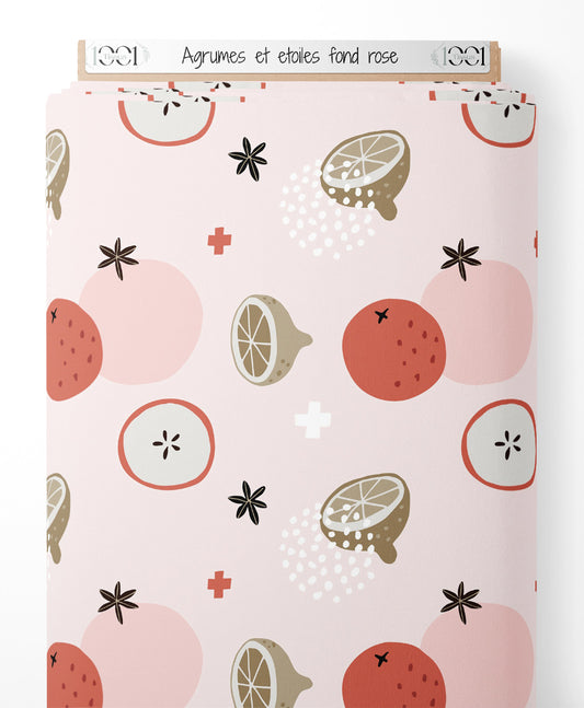 Tissu - Agrumes et étoiles sur fond rose