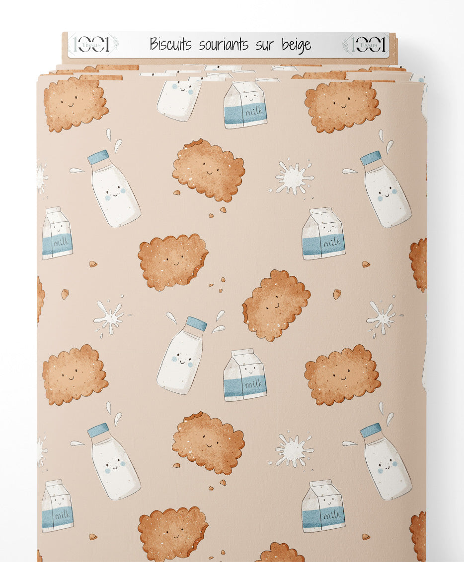 Tissu - Biscuits souriants sur beige