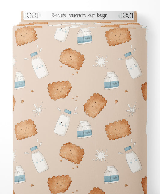 Tissu - Biscuits souriants sur beige