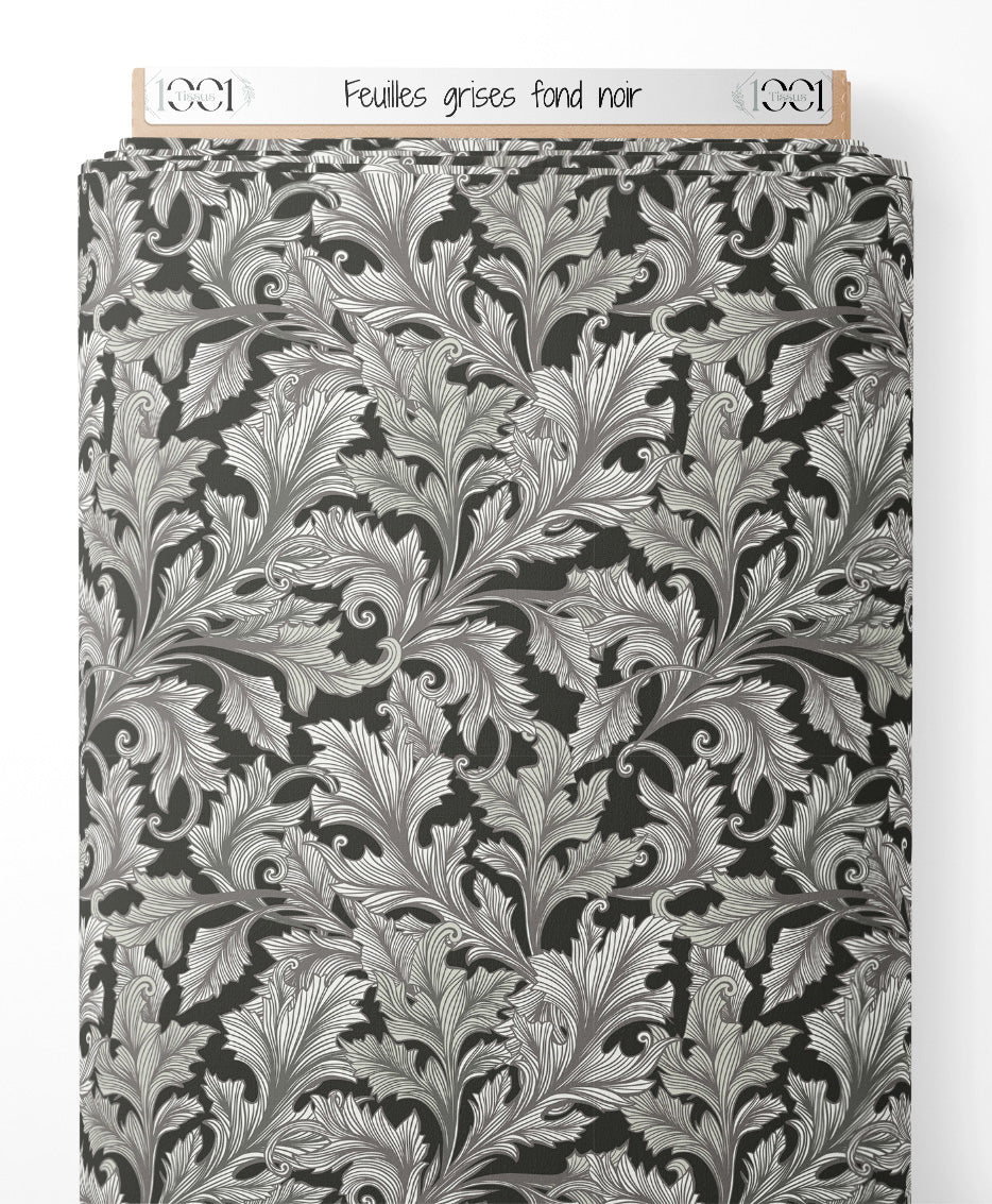 Tissu - Feuilles grises sur fond noir